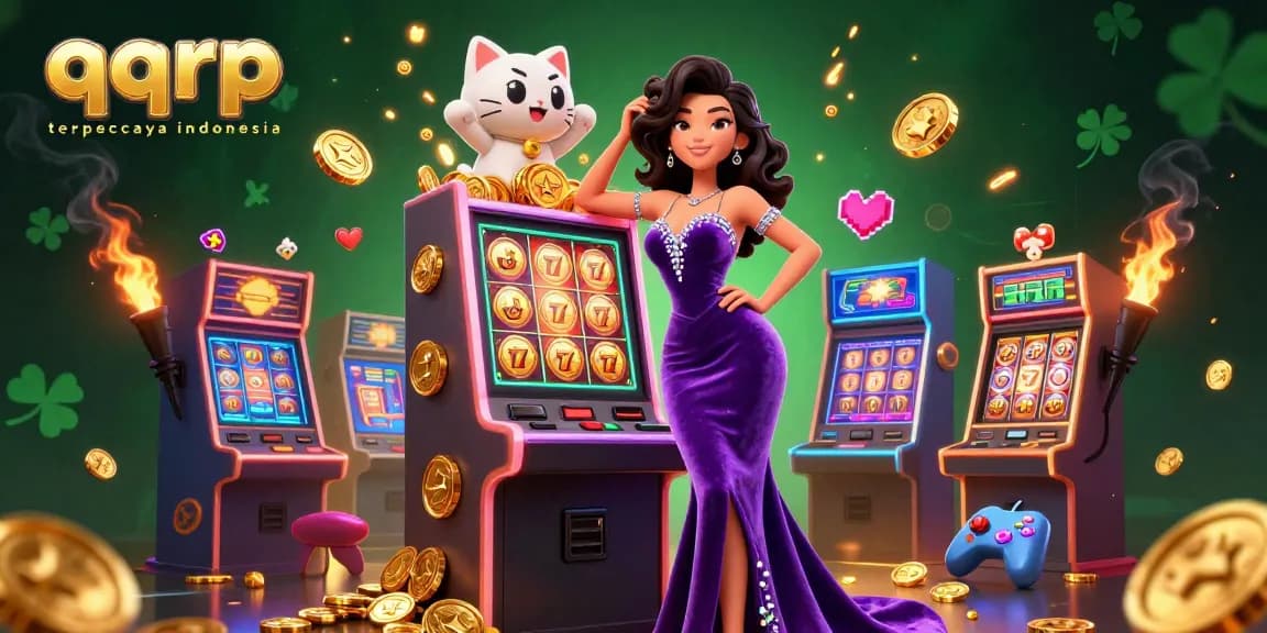 Engage with qqrp terpercaya indonesia featuring a glamorous woman celebrating a jackpot win at a vibrant casino scene.