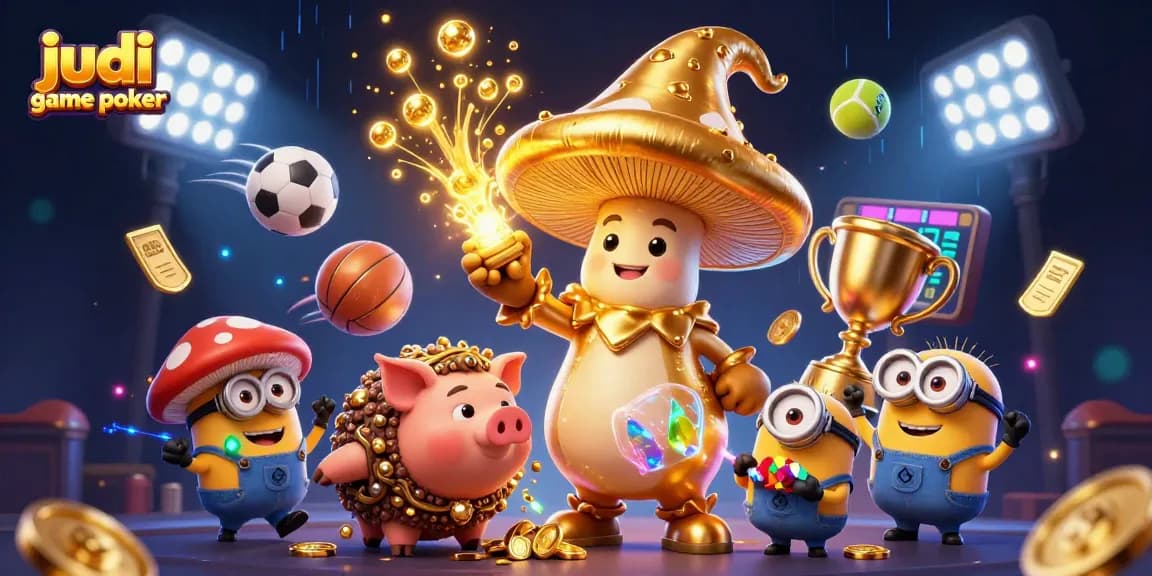 Experience judi game poker excitement with a magical scene of golden mushroom wizard and vibrant sports elements.