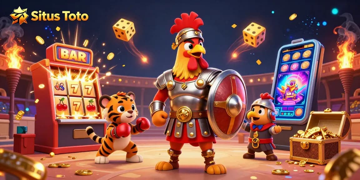 Situs Toto showcases an exciting gaming scene with a gladiator rooster, slot machine jackpot, and vibrant elements.