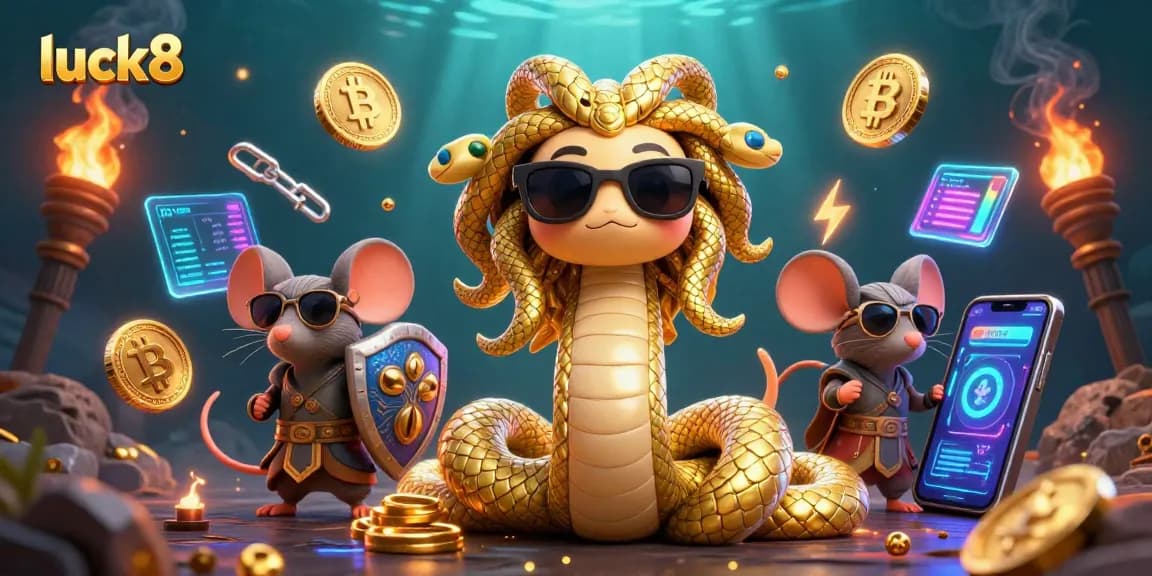 luck8 illuminates a vibrant 3D casino world, showcasing Medusa, a warrior mouse, and dynamic crypto elements.