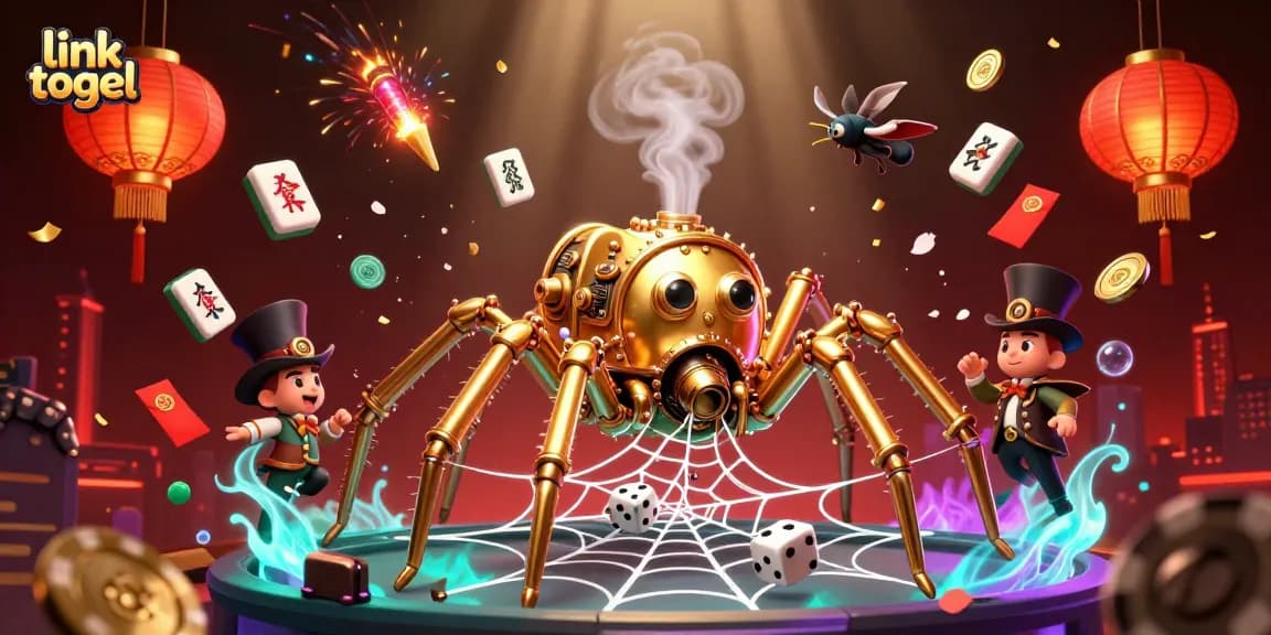 Capture your luck with link togel amidst a steampunk casino web of dice, gold, and vibrant elements.