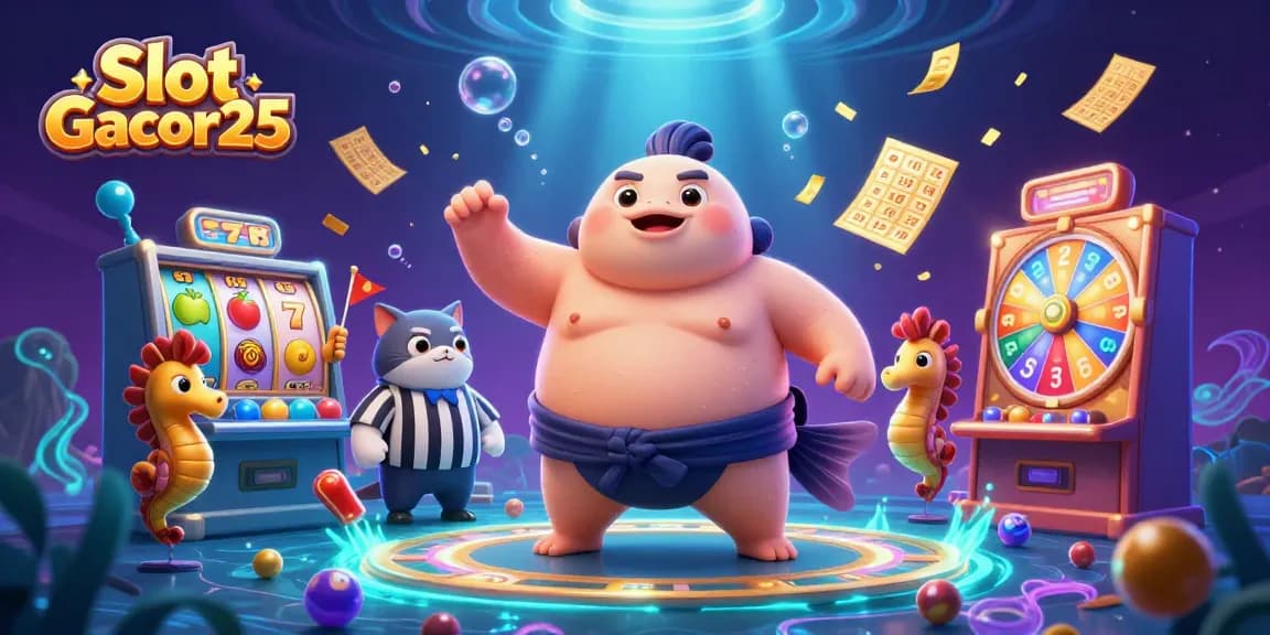 Permainan Slot Gacor25 menghadirkan fugu raksasa dan wasit ikan lele dalam aksi seru slot yang penuh warna.