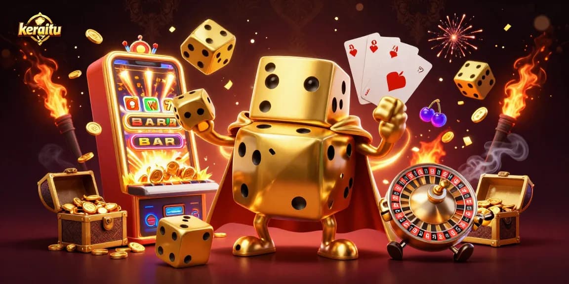 Engage with the energetic casino scene in a colorful kerajitu illustration featuring a golden dice golem.