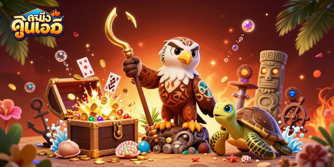 Experience ดูหนังออนไลน์ with a vibrant scene featuring a hawk wielding a golden fish hook amidst sparkling casino treasures.
