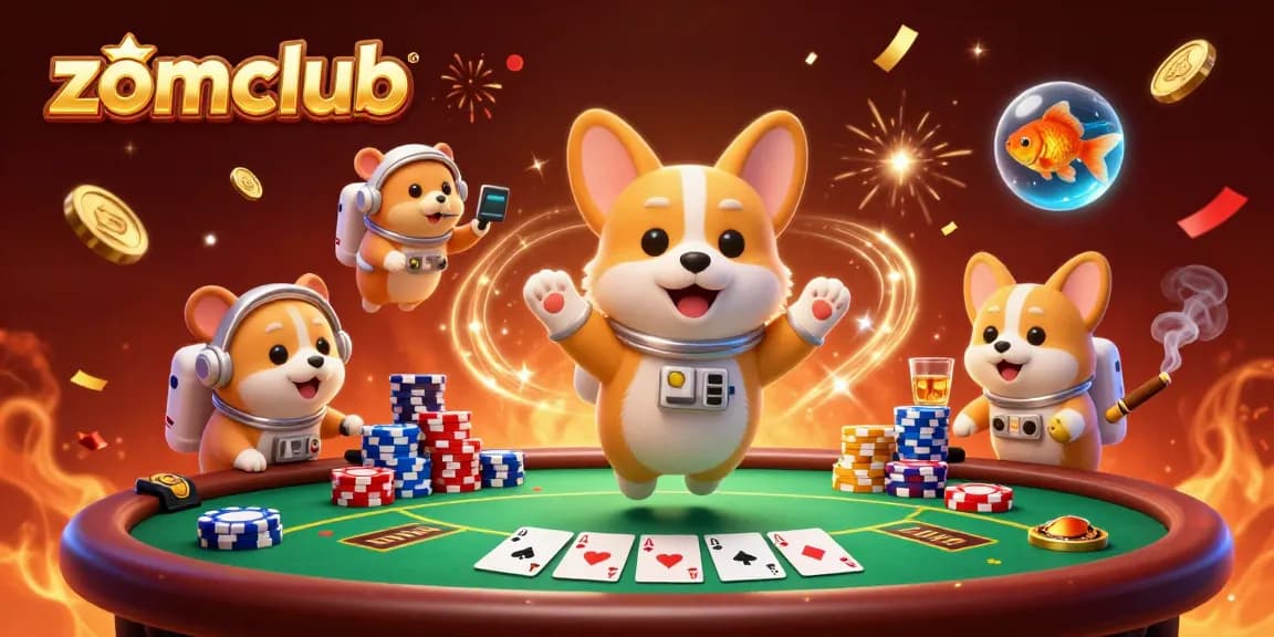 Zomclub gaming scene with a 3D astronaut corgi and floating poker chips illustrating the excitement of online casino gaming.