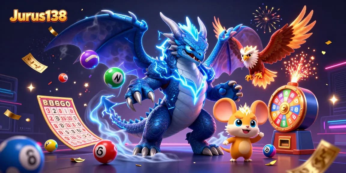 Experience the excitement of Jurus138 with a vibrant casino-themed illustration featuring dynamic game elements.