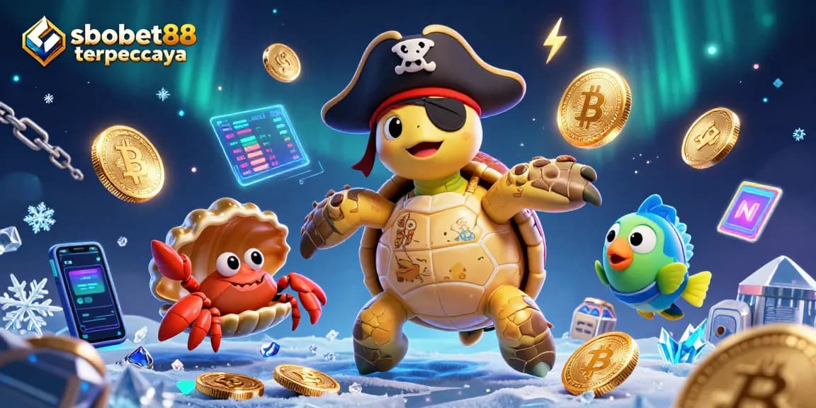 Engage with sbobet88 terpercaya through an exciting scene of a pirate turtle and friends surrounded by vibrant treasure.