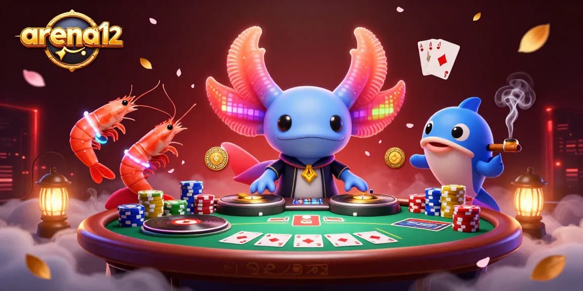 Memenangkan jackpot di arena212 dengan DJ axolotl dan teman-teman yang bersemangat, dikelilingi suasana kasino yang meriah.