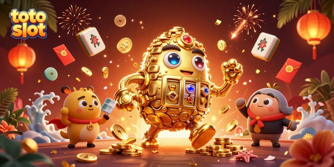 Memainkan toto slot dengan golem emas berkilau dan elemen permainan yang menarik.