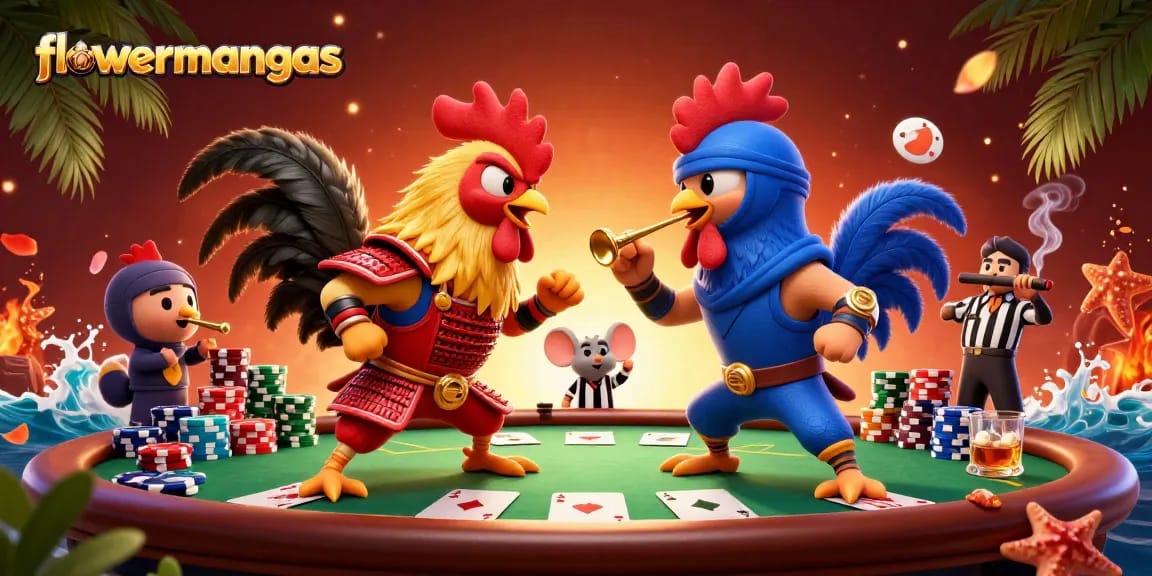 Menghadapi kerumunan poker, flowermangas menampilkan dua ayam berkelahi bertarung sengit di arena perjudian.