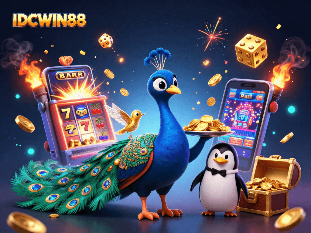 Experience thrilling jackpots with IDCWIN88, featuring colorful slot machines, animated characters, and casino excitement.