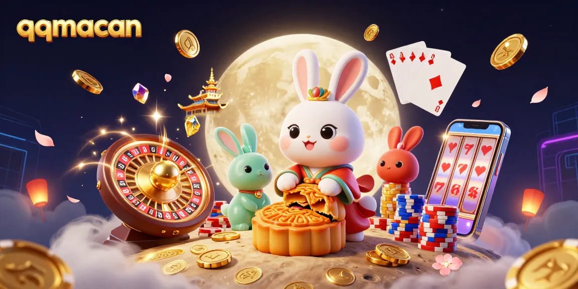 Engage in thrilling gameplay at qqmacan with golden mooncakes, poker chips, and festive elements.