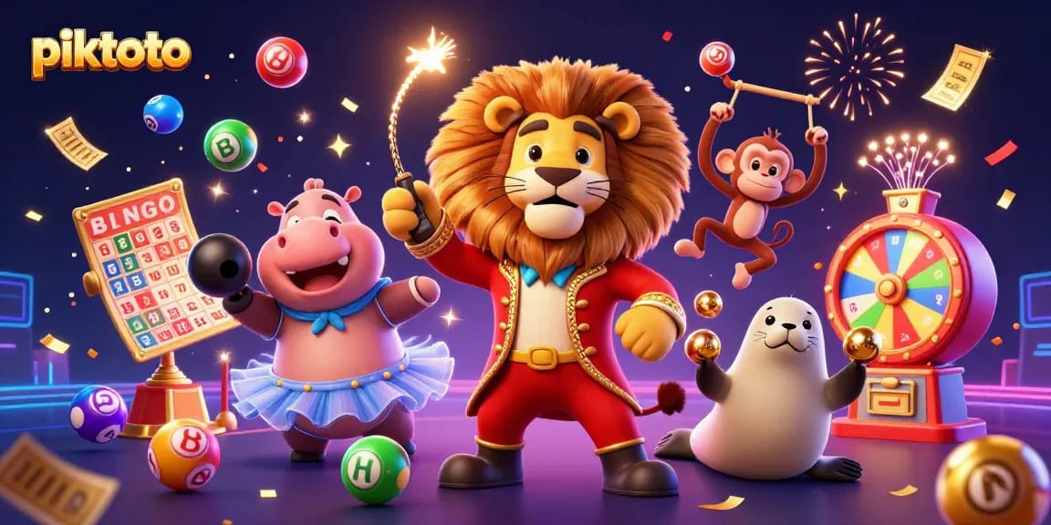Piktoto menampilkan sirkus kasino yang meriah dengan singa, hippo, monyet, dan anjing laut beraksi di tengah bola lotere berwarna-warni.