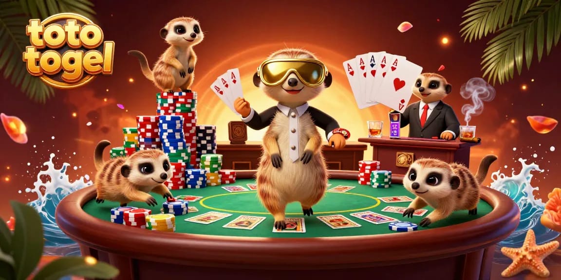 Meerkat beraksi di toto togel dengan kartu remi dan tumpukan chip warna-warni.