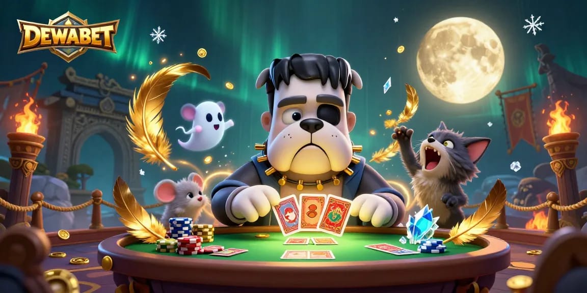Engage with DEWABET while winning big at a vibrant 3D casino table with unique characters.