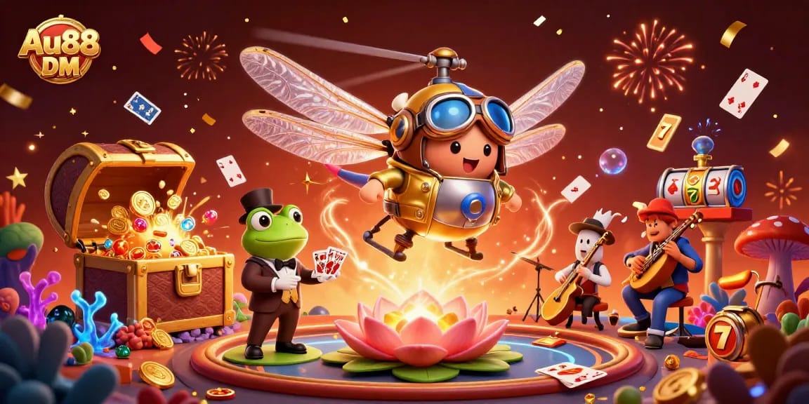 Experience thrilling gaming at Au88 DM with a lively casino scene featuring a dragonfly pilot and frog croupier.