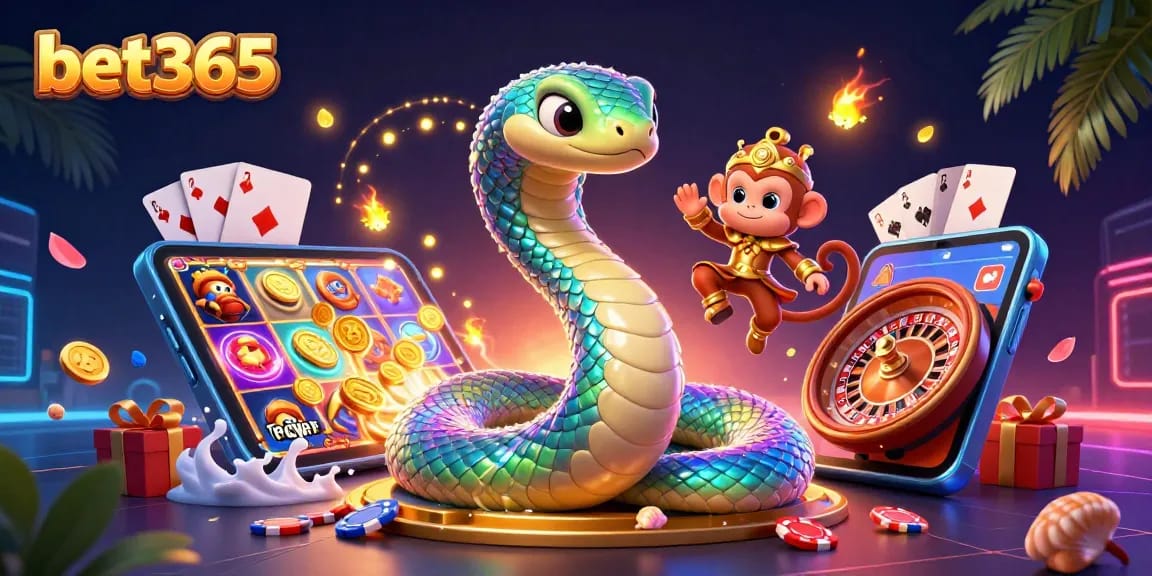 Experience vibrant bet365 gaming with a colorful slot scene featuring a rainbow serpent and playful monkey king.