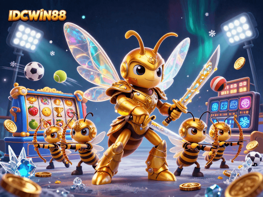 Experience the thrill of IDCWIN88 with dynamic slot reels and a heroic hornet in a vivid virtual scene.