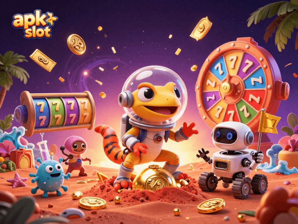 Experience thrilling apk slot gameplay with a 3D Martian gecko discovering a golden casino.