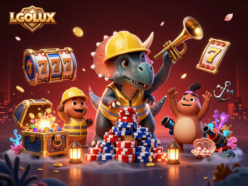 Experience thrilling gameplay at LGOLUX with 3D slot reels, poker chips, and vibrant casino elements.