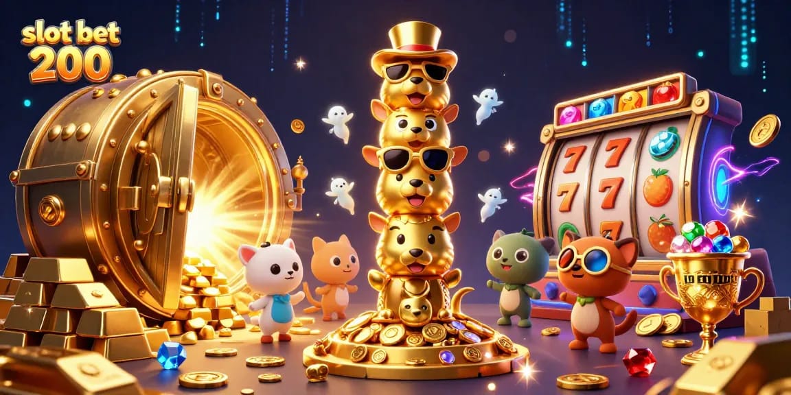 Experience the thrill of slot bet 200 with vibrant casino elements and dynamic 3D characters.