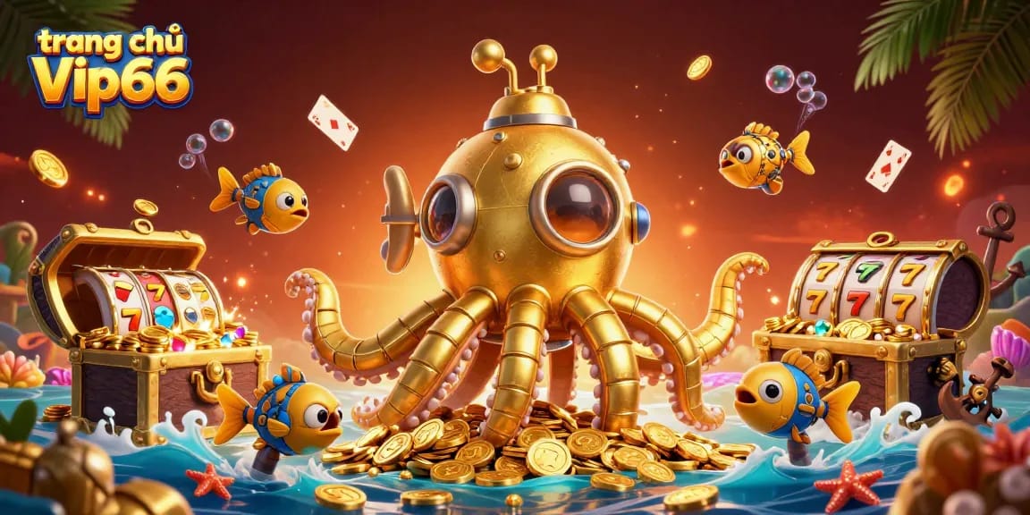 Experience exciting gameplay at trang chủ Vip66 with adventurous golden kraken submarine and slot elements.