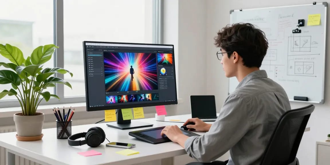 Professional using an AI video generator in a vibrant tech workspace with creative elements.