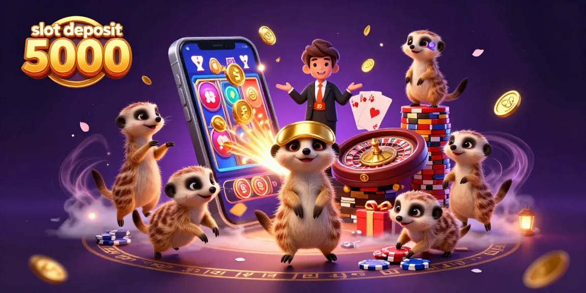 Experience the action with slot deposit 5000 alongside playful meerkats in a vibrant casino setting.