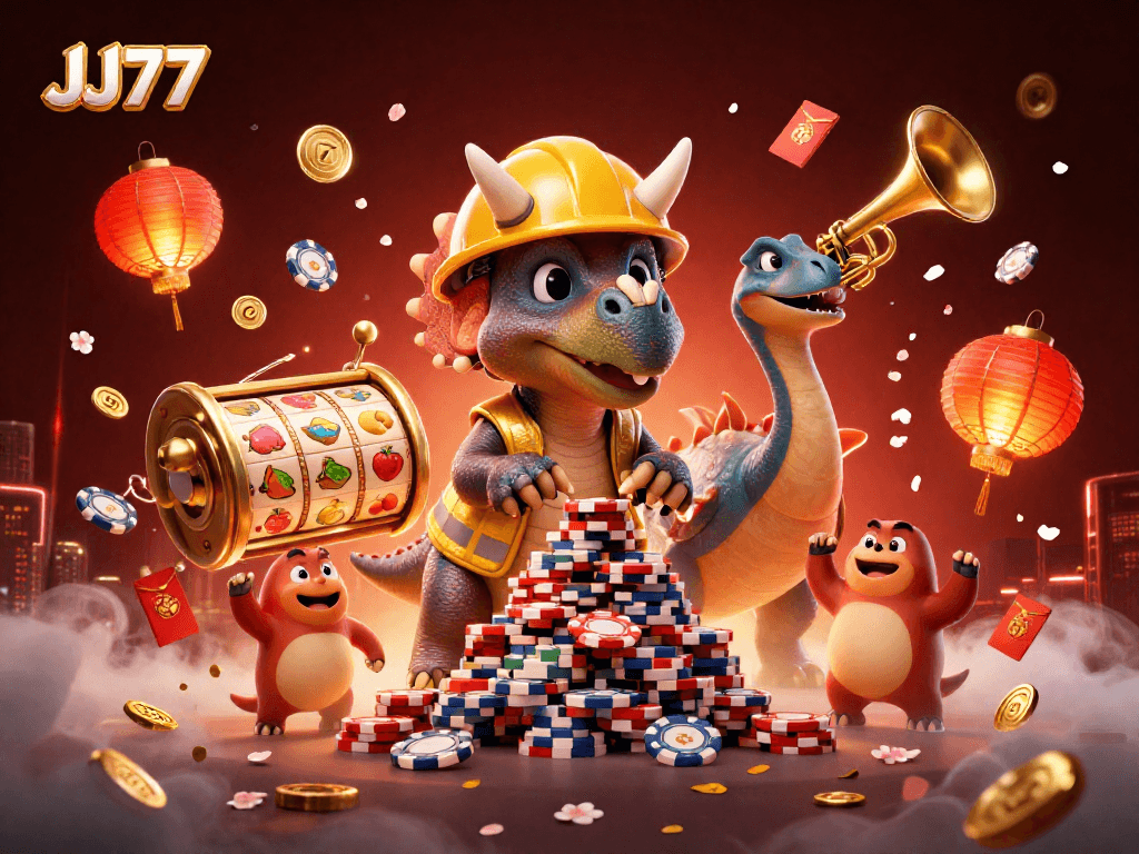 Experience the thrill of JJ77 with a lively 3D casino scene featuring cartoon dinosaurs building a poker chip pyramid.
