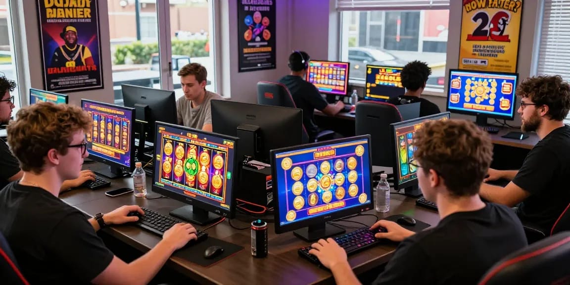 Excited players enjoying slot games online, showcasing vibrant gaming atmosphere and community engagement.