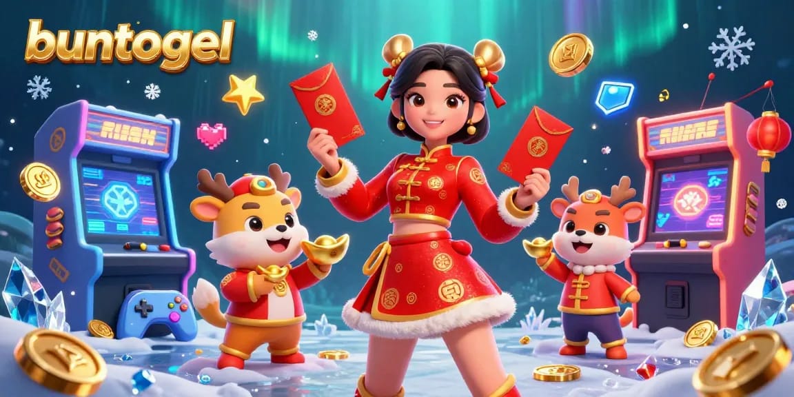 Experience the thrill of gaming with Buntogel's festive 3D illustration, showcasing vibrant characters and casino elements.