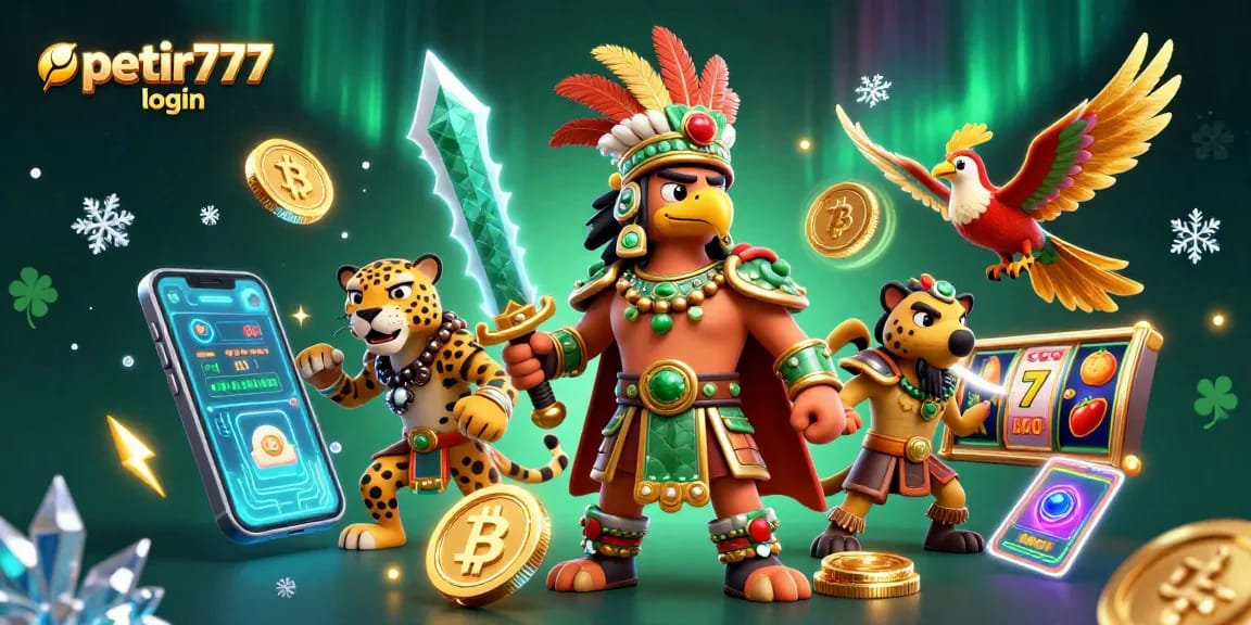 Engage with the petir777 login portal amidst vibrant crypto-themed casino elements.