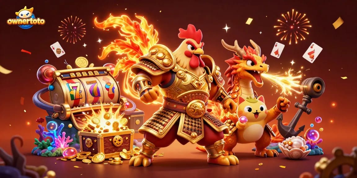 Bermain di ownertoto dengan karakter ayam tempur 3D dan naga, dikelilingi permata dan koin.