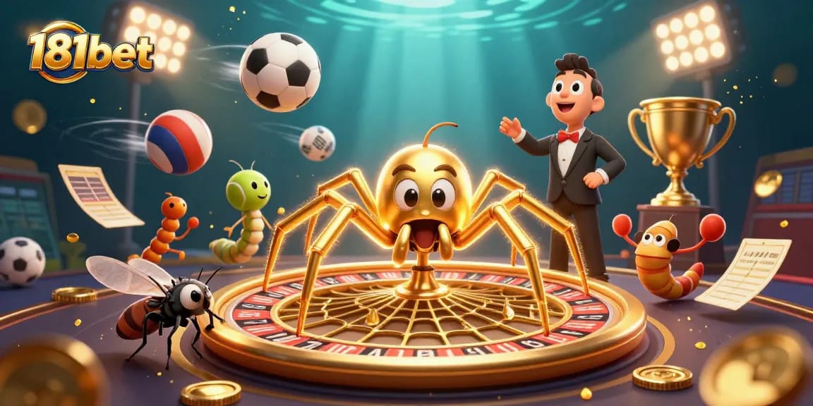 Experience thrilling bets at 181bet with the golden spider and centipede croupier in a dynamic casino scene.
