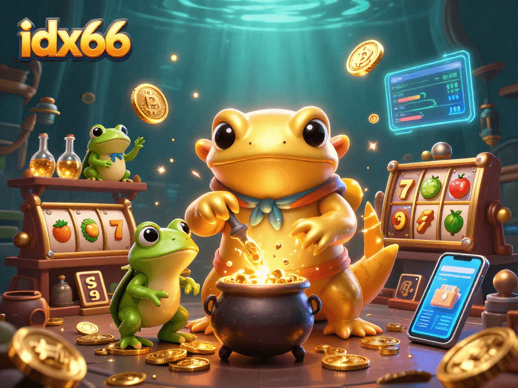 Putar game di idx66 dengan slot gacor dan koin emas yang bersinar.