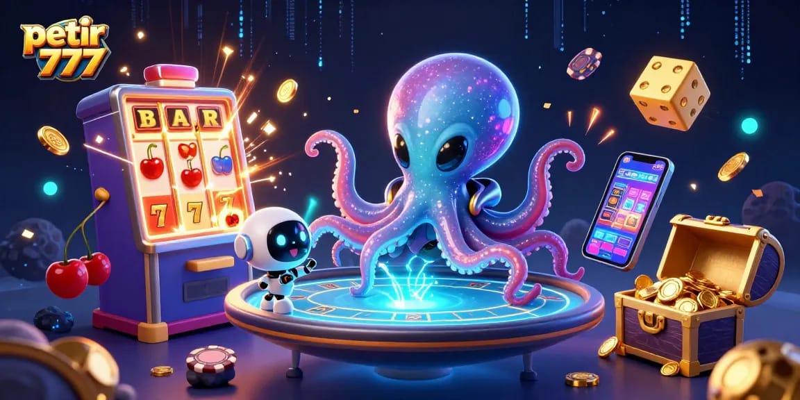 Experience excitement at petir 777 with an alien octopus and a tiny robot at a holographic poker table.