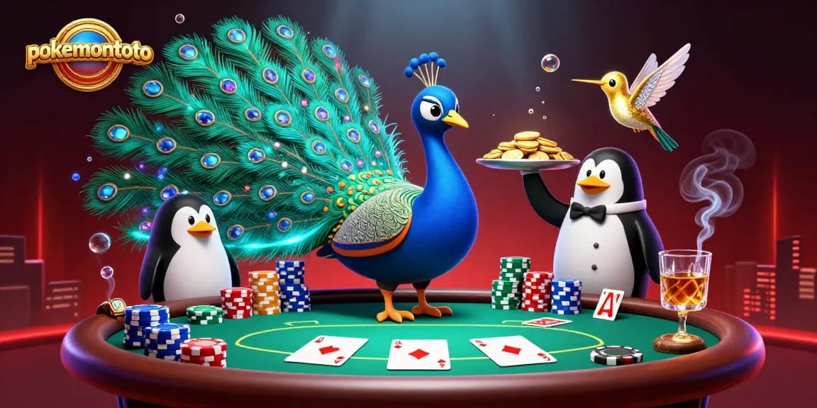 Pokemontoto: Nikmati suasana poker mewah dengan karakter berwarna-warni dalam ilustrasi permainan kasino.