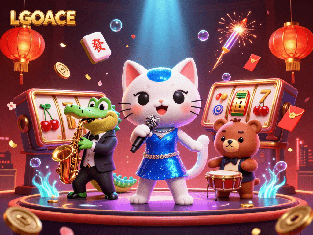 Experience thrilling gaming action with LGOACE's vibrant casino scene featuring lively characters and symbols.