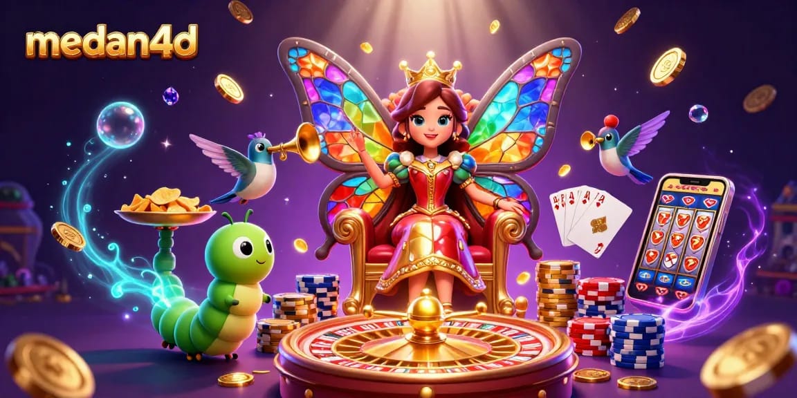 Menangkan jackpot di MEDAN4D dengan ilustrasi ratu dengan sayap kaca berwarna dan chip emas berkilauan.