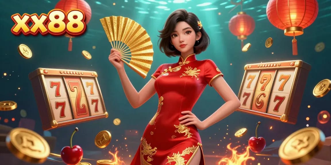 Engage with the thrilling xx88 casino experience featuring a stunning woman in a red qipao surrounded by slot elements.