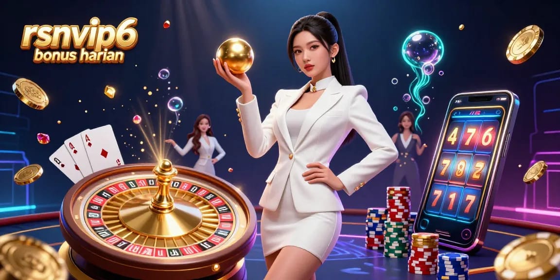 Experience the thrilling action of rsnvip6 bonus harian with a stunning 3D casino illustration showcasing vibrant gaming elements.