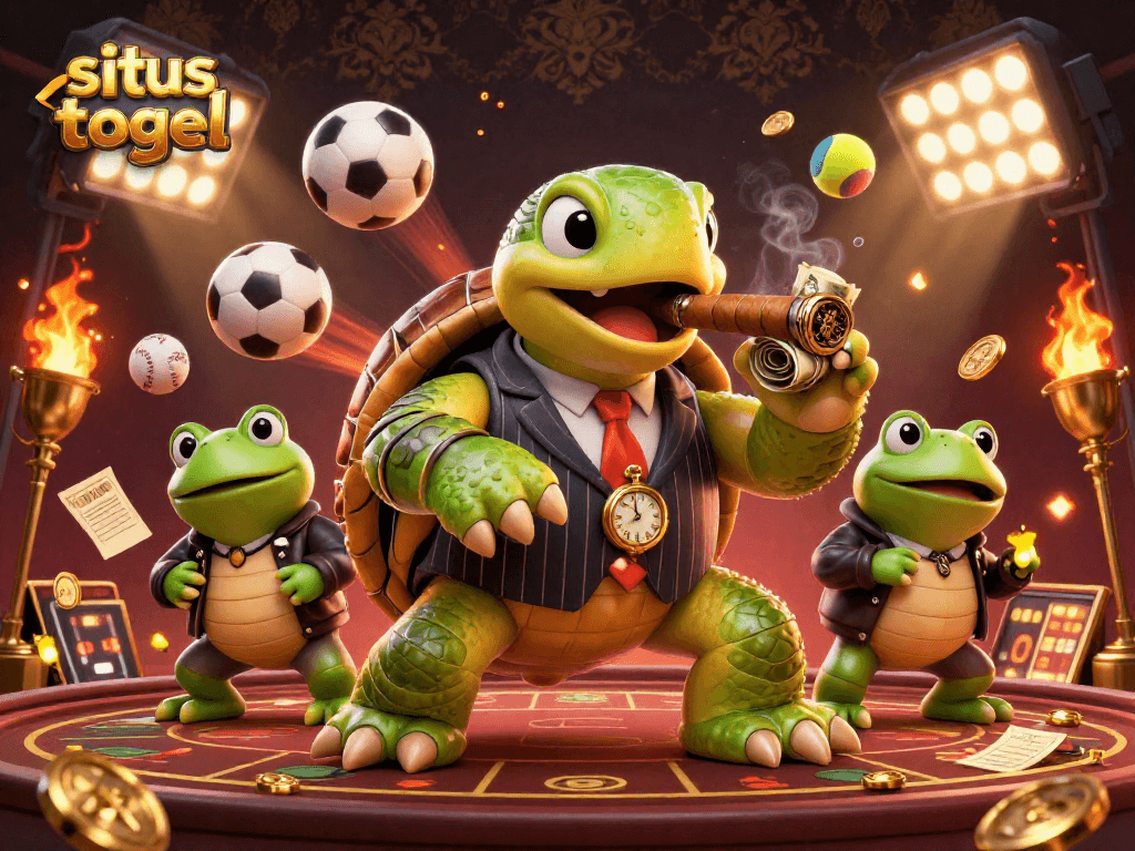 Situs togel menggambarkan penyu 3D dalam jas klasik yang dikelilingi bola olahraga dan lampu kasino