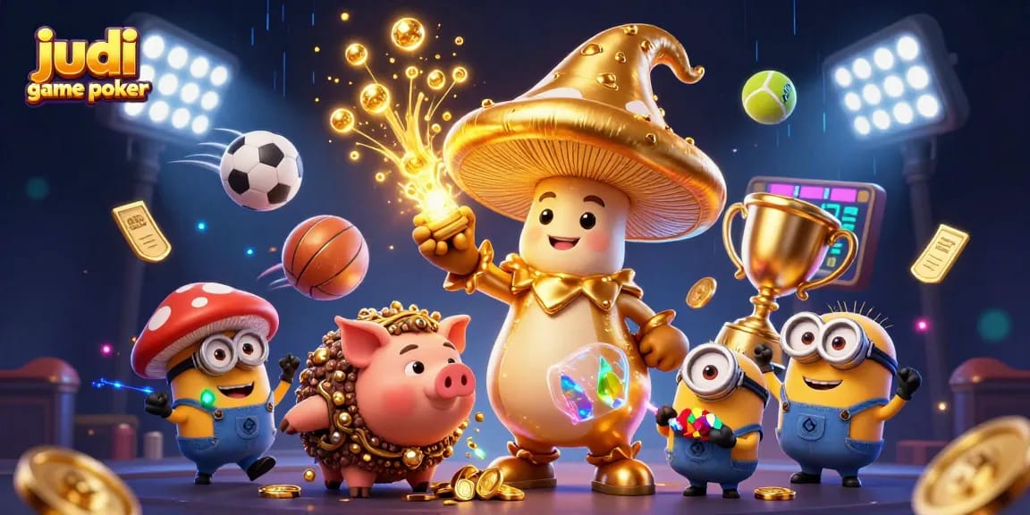Experience judi game poker excitement with a magical scene of golden mushroom wizard and vibrant sports elements.