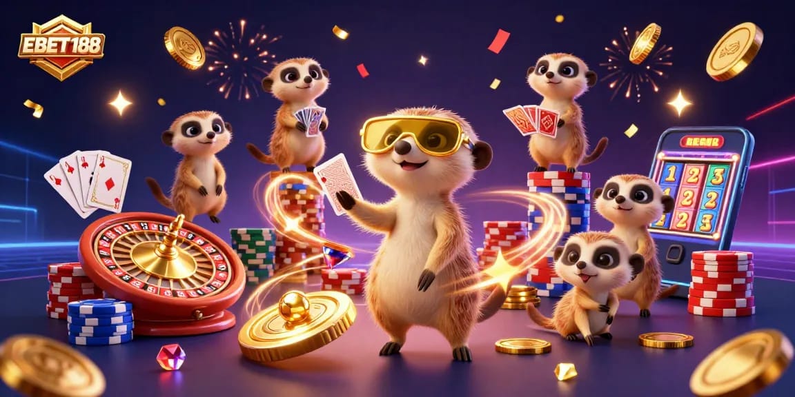 Experience the thrilling action of EBET188 with a playful meerkat casino scene full of vibrant gambling elements.