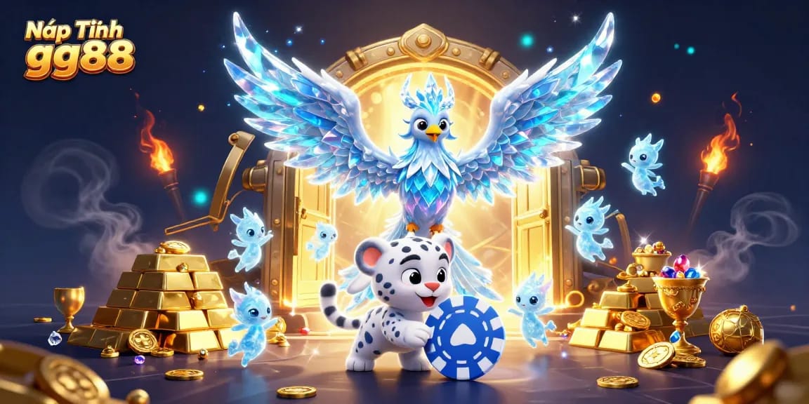 Nạp Tiền gg88: Engage in a vibrant casino scene with an ice phoenix, playful snow leopard, and sparkling treasures.