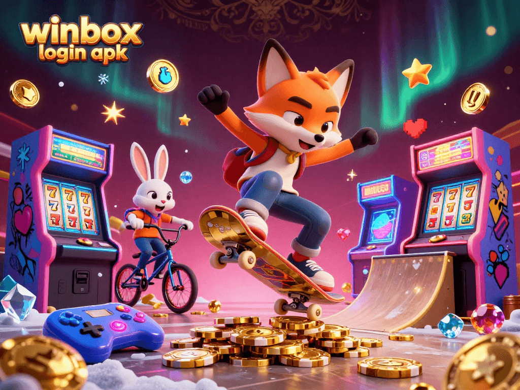 Engage with winbox login apk featuring an energetic fox skateboarder and BMX rabbit in a vibrant casino-themed scene.