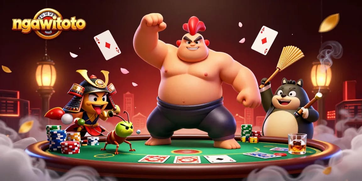 Berpartisipasi dalam permainan seru di ngawitoto dengan ilustrasi sumo, serangga samurai, dan elemen kasino menarik.