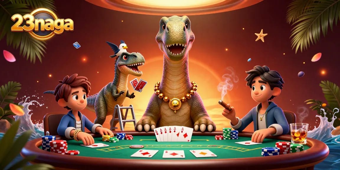 Permainan poker di 23naga dengan dinosaurus raksasa dan kartu yang sedang dibagikan.
