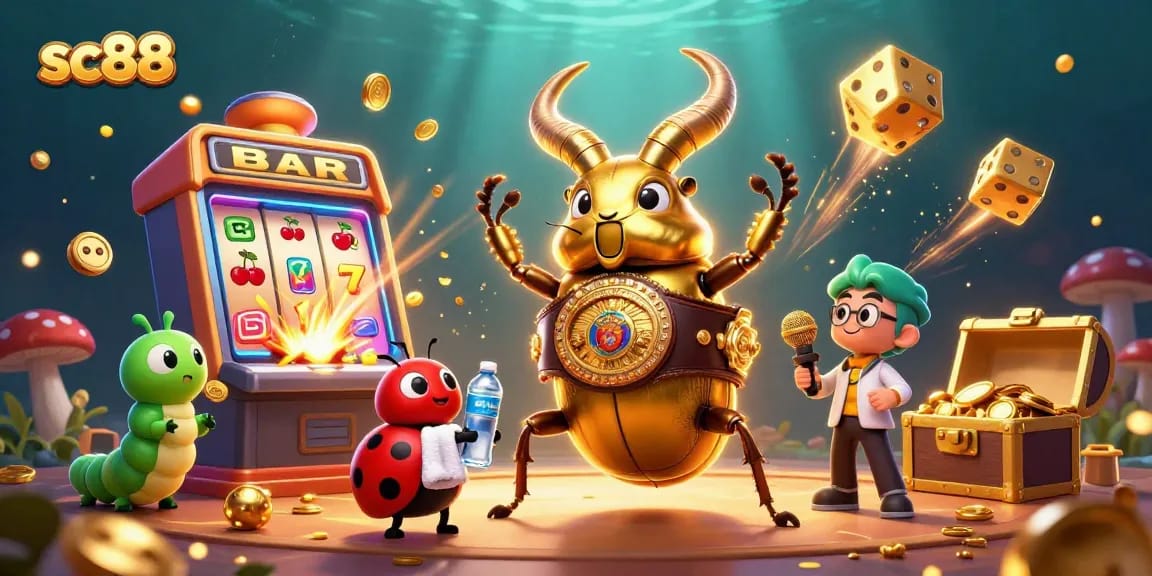 Win big with sc88 in a vibrant 3D casino scene featuring characters and slots.