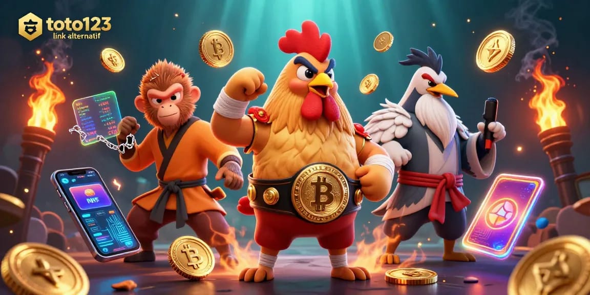 Engage with the excitement of toto123 link alternatif in this vibrant online gambling scene featuring dynamic characters and crypto elements.